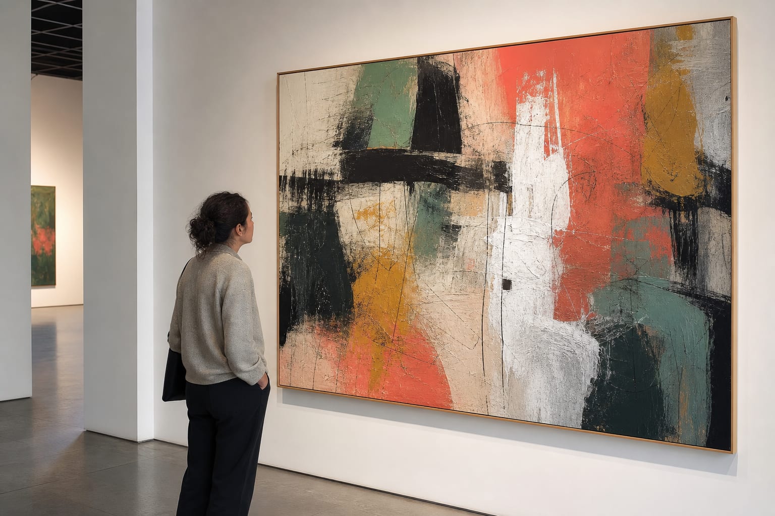 Bezoeker bekijkt aandachtig een groot abstract schilderij
