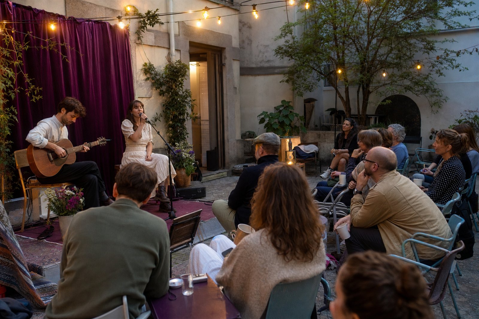 Klein publiek luistert naar twee muzikanten in een verlichte binnenplaats