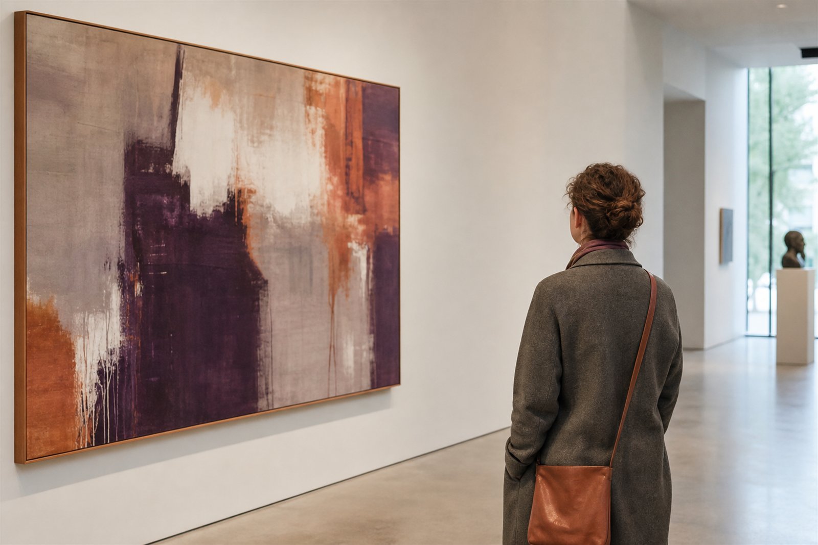 Bezoeker kijkt naar een abstract schilderij in een museum